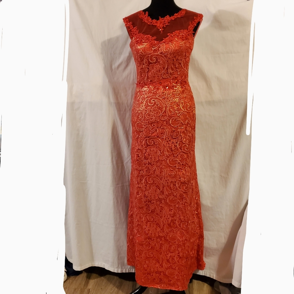 Red & Gold lined sequin & lace formal maxi gown dress